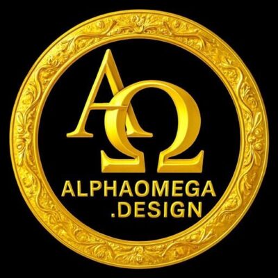 Bright gold Alpha & Omega logo inside an ornate circular gold frame on a black background.