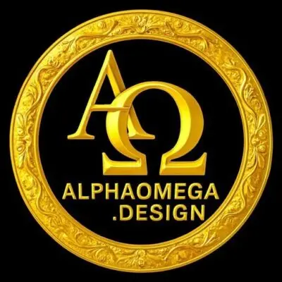 Bright gold Alpha & Omega logo inside an ornate circular gold frame on a black background.